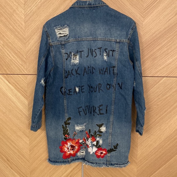 Fanco Long Distressed Denim Jacket with Graffiti & Embroidered Floral Detail - Picture 3 of 6